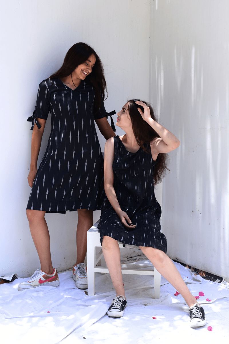 Weaved Black Ikkat A-line Sleeveless Dress