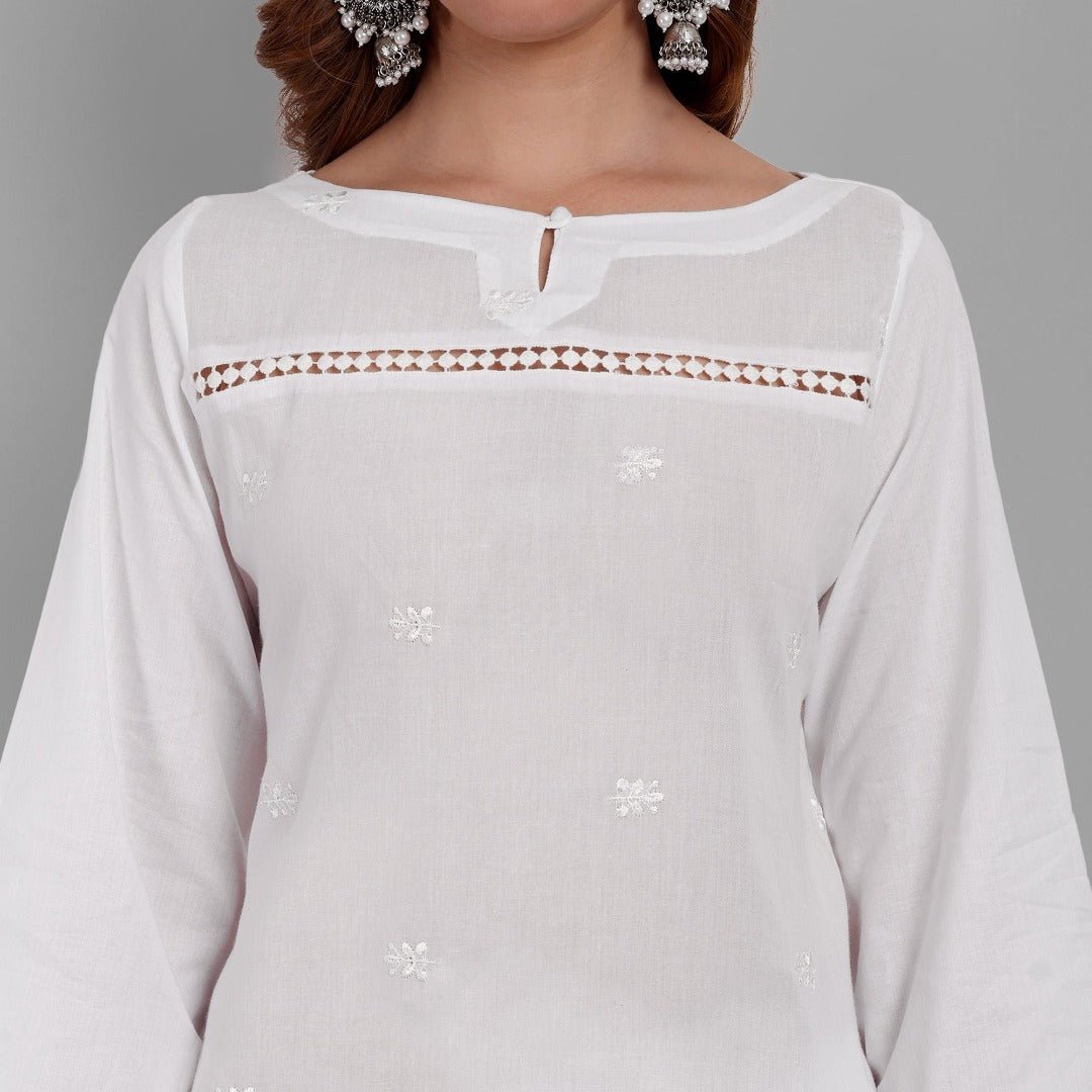 White Cotton Mul Chikankari Kurta & Pant set - Set of 3