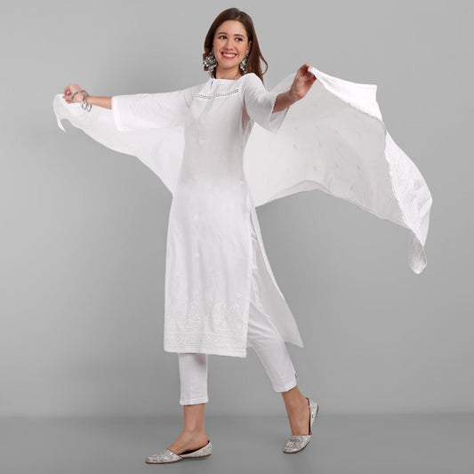 White Cotton Mul Chikankari Kurta & Pant set - Set of 3