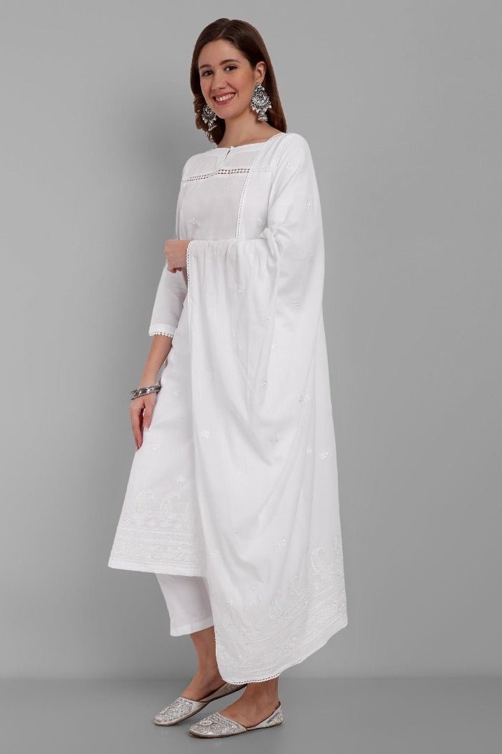 White Cotton Mul Chikankari Kurta & Pant set - Set of 3