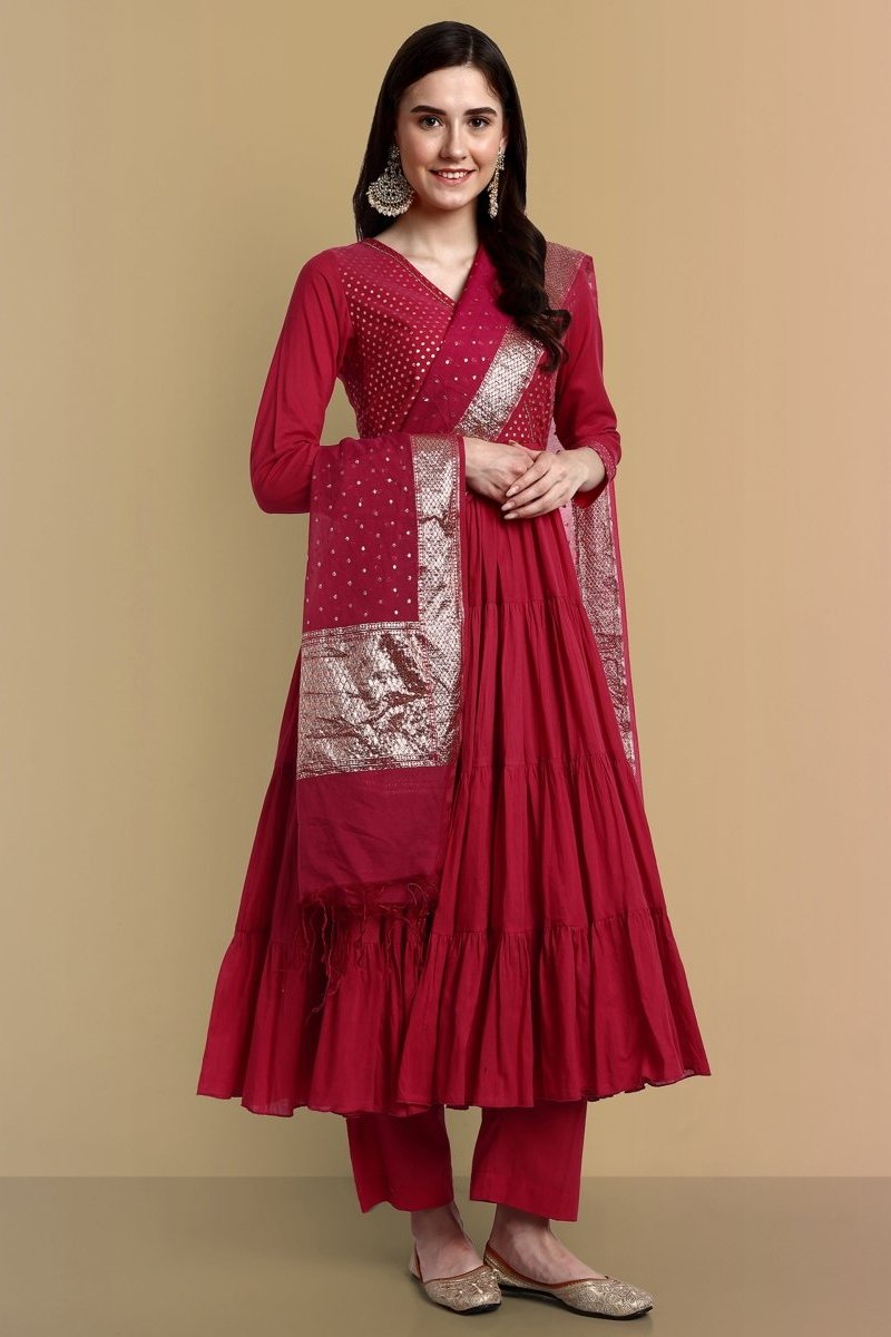 Wine Chanderi Angrakha Graduated Style - Set of 3
