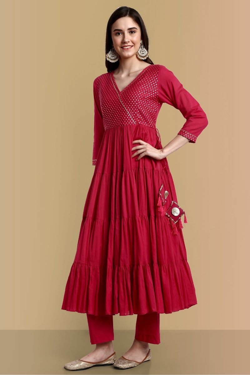 Wine Chanderi Angrakha Graduated Style - Set of 3
